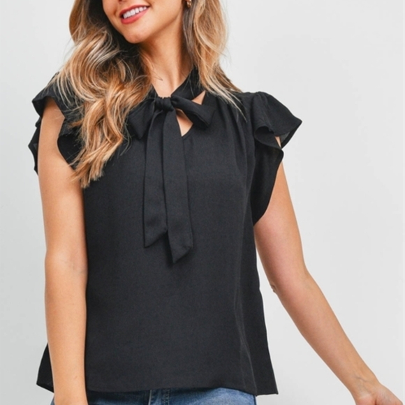 Private Label Tops - NWT Boutique Black Flutter Sleeve Tie Neck Blouse